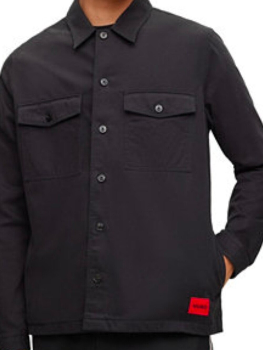 HUGO BOSS Black Button-Down Oversize Over Shirt with Red Logo Patch